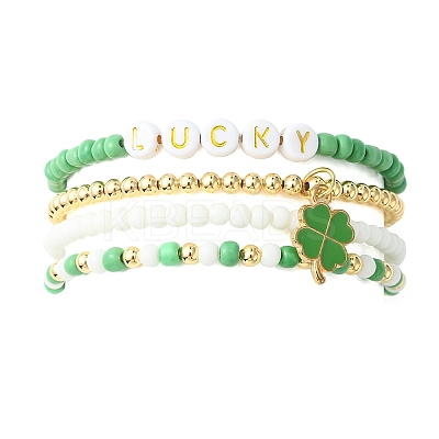 4Pcs 4 Style Word Lucky Acrylic & Glass Seed & Brass Beaded Stretch Bracelets Set BJEW-TA00312-1