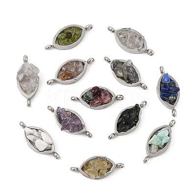 Natural Mixed Gemstone Chip 304 Stainless Steel Horse Eye Connector Charms KK-P300-12P-1