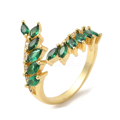 Leaf Brass Micro Pave Cubic Zirconia Open Cuff Rings RJEW-U008-05A-G-1