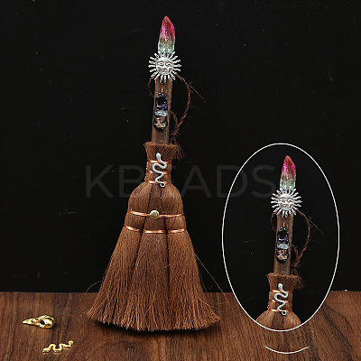 Wood Witch Broom with Synthetic Quartz Pendant Decorations AUTO-PW0001-15G-1