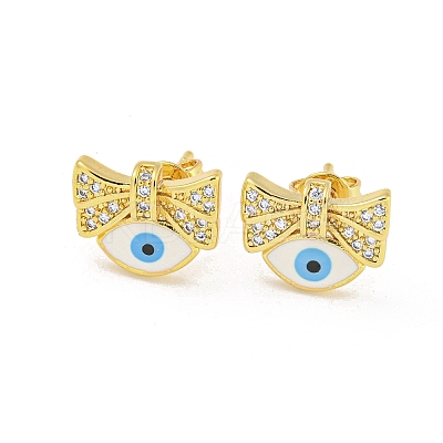 Bowknot with Evil Eye Real 18K Gold Plated Brass Stud Earrings EJEW-L269-105G-02-1