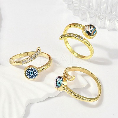Brass Micro Pave Clear Cubic Zirconia Enamel Cuff Rings for Women RJEW-L113-034G-1