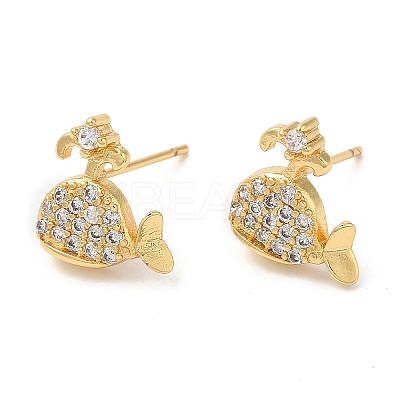 Rack Plating Brass Whale Stud Earrings with Cubic Zirconia EJEW-D061-42G-1