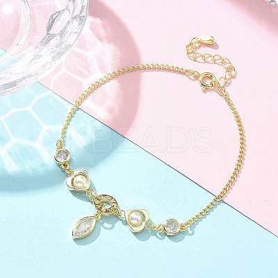 Brass Micro Pave Clear Cubic Zirconia Charm Bracelets for Women BJEW-C083-01A-G-1