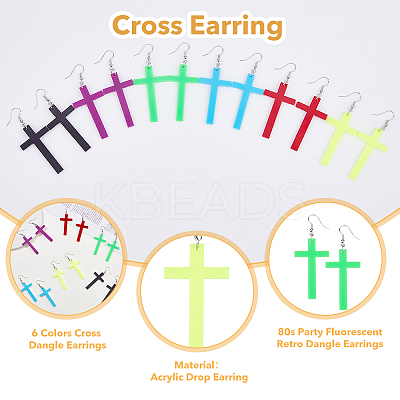 6 Pairs 6 Colors Acrylic Cross Dangle Earrings with Platinum Iron Pins for Woman EJEW-FI0003-25-1