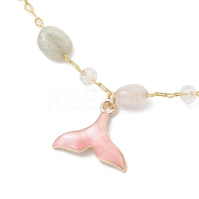 Brass Handmade Natural Morganite Nuggets Link Chain Alloy Enamel Whale Tail Pendant Anklets for Women AJEW-AN00709-01-1
