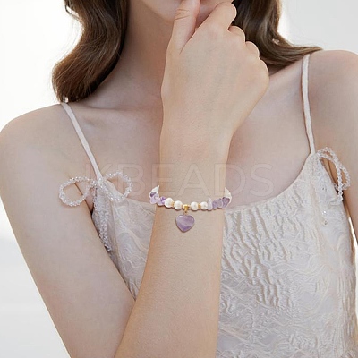 4Pcs 4 Style Natura Mixed Gemstone & Shell Beaded Bracelets Set with Heart Charms for Women BJEW-TA00242-1