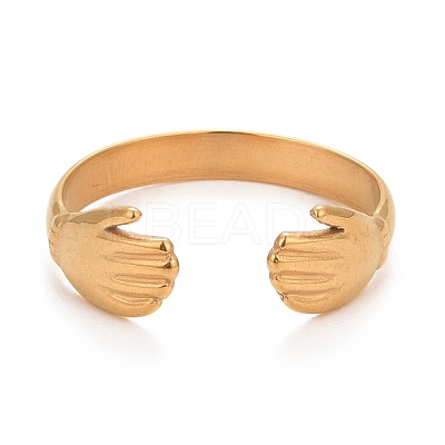 Ion Plating(IP) 304 Stainless Steel Double Hand Hug Open Cuff Ring for Women RJEW-C025-08B-G-1