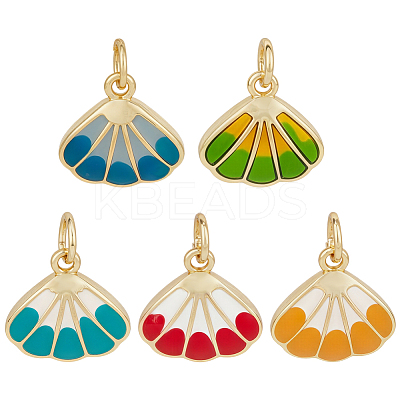 5Pcs 5 Colors Brass Enamel Shell Shape Charms KK-BC0015-42G-1
