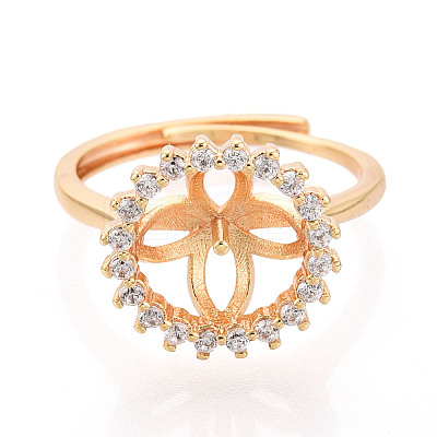 Round Brass Micro Pave Clear Cubic Zirconia Adjustable Ring Settings KK-T076-28G-1