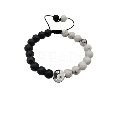 Natural Howlite & Frosted Dyed & Heated Black Agate Braided Bead Bracelets ZE0414-1