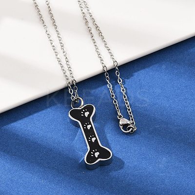 304 Stainless Steel Black Enamel Paw Print Bone Pendant Pet Urn Ashes Necklaces NJEW-S455-06P-1