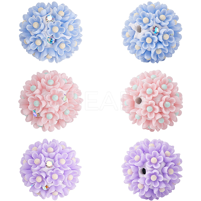 6Pcs 3 Colors Handmade Polymer Clay Rhinestone Floral Ball Beads CLAY-SC0002-14-1