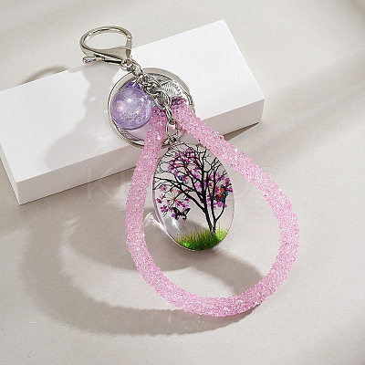 Oval Shape Tree of Life Dried Flower & Glass Keychain PW-WG45493-02-1