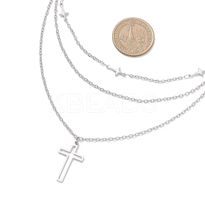 304 Stainless Steel Religion Cross Pendant 3 Layer Necklaces for Women NJEW-JN05480-1