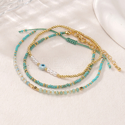 3Pcs 3 Styles Brass & Glass & Natural Green Aventurine Beaded Braclet Set WN5918-2-1