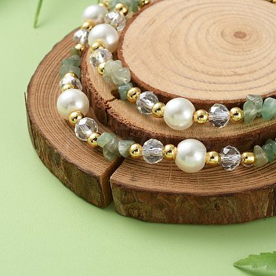Mixed Gemstone/Glass/Shell Chip & Imitation Pearl & Brass Beaded Necklaces for Women NJEW-S107-01A-1