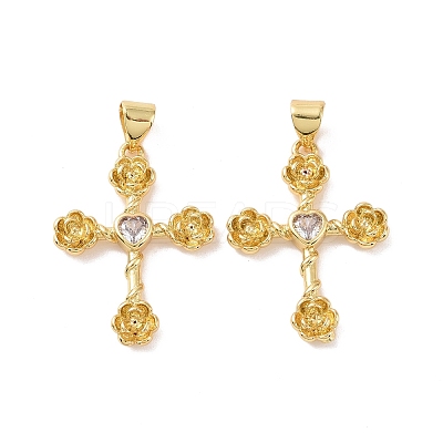 Cross with Flower Brass Micro Pave Cubic Zirconia Pendants KK-G435-06G-06-1