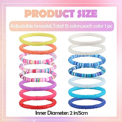 15Pcs Handmade Polymer Clay Beads Stretch Bracelets for Women BJEW-SW001597-1