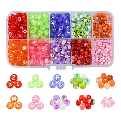 DIY Flat Round with Letter & Round Acrylic & Glass Seed Beads Jewelry Making Findings Kits DIY-FS0006-44-1