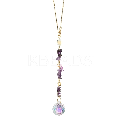 Round Glass & Natural Amethyst Chips Hanging Suncatchers HJEW-JM04209-02-1