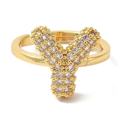 Rack Plating Letter Brass Micro Pave Clear Cubic Zirconia Adjustable Rings for Women KK-S391-03G-Y-1