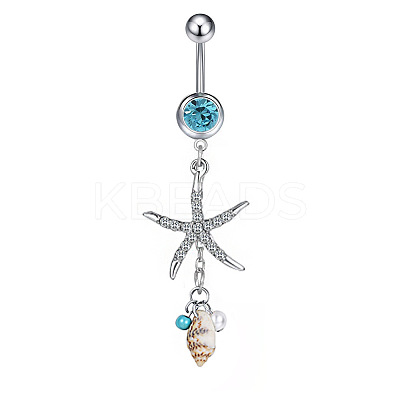304 Stainless Steel Pave Cubic Zirconia & Plastic Pearl & Natural Shell Starfish Curved Barbell Dangle Belly Rings FS-WGCE39A-01-1
