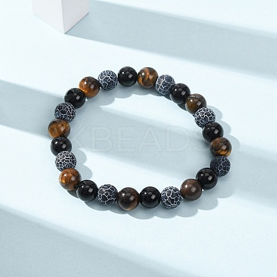 Natural Tiger Eye & Weathered Agate & Glass Beads Stretch Bracelets for Women Men BJEW-P398-01B-1
