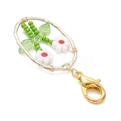 Oval with Flower Glass Seed Bead & Lampwork & Alloy Pendant Decoraitons HJEW-MZ00351-06-1