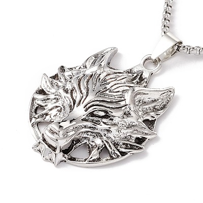 Alloy Wolf Pendant Necklace with 201 Stainless Steel Box Chains NJEW-E016-19AS-1