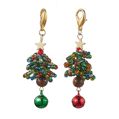 Christmas Tree Glass Seed Beads & Natural Tiger Eye Pendant Decorations HJEW-MZ00075-1