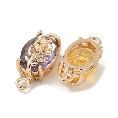 Brass Pave Faceted Glass Oval Connector Charms KK-G517-13G-1