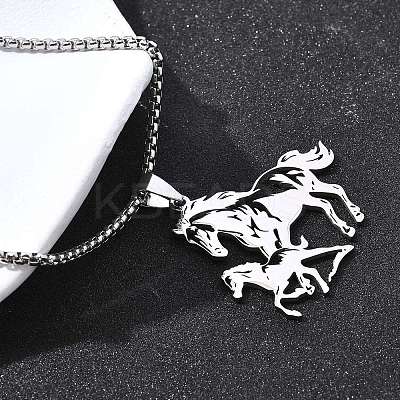 201 Stainless Steel Laser Cut Double Horse Pendant Box Chain Necklaces for Women Men NJEW-E156-03P-1