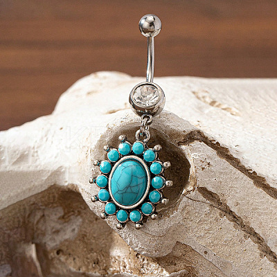 Cowboy Theme 304 Stainless Steel Pave Synthetic Turquoise Curved Barbell Dangle Belly Rings FS-WGEFD82-08-1
