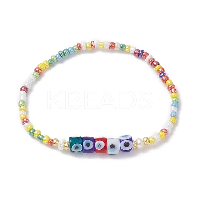 Natural Pearl & Evil Eye Lampwork & Seed Beaded Stretch Bracelet for Women BJEW-JB09371-1