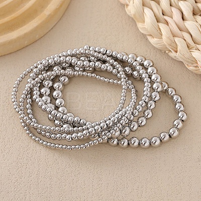6Pcs 6 Styles Brass Round Beads Stretch Bracelets for Women BJEW-D357-04G-1