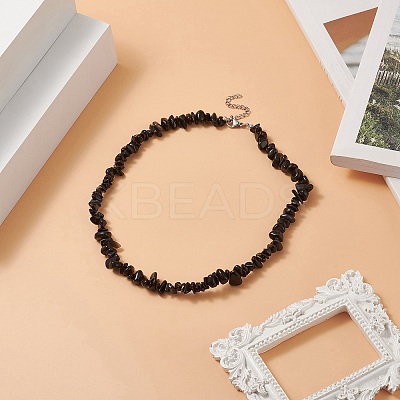 Natural Obsidian Chip Beaded Necklaces with 304 Stainless Steel Lobster Claw Clasp & Chain Extender NJEW-JN04225-03-1