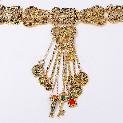 Bohemian Zinc Alloy Rhinestone Flower Key Coin Long Tassel Choker Necklaces for Women FS-WGCB918-02-1