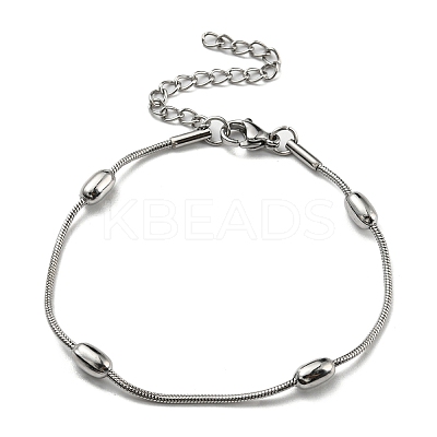 Tarnish Resistant 304 Stainless Steel Round Snake Chain Bracelet with Oval Beaded BJEW-E088-03P-1