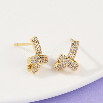 knot Brass Micro Pave Clear Cubic Zirconia Stud Earrings EJEW-F895-16G-1