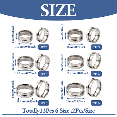 12Pcs 6 Size 201 Stainless Steel Grooved Finger Ring Settings STAS-TA0002-15P-1