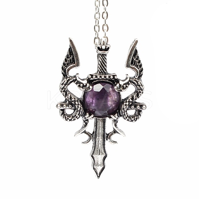 Natural Amethyst Dragon Sword Pendant Necklace G-PW0004-67H-1