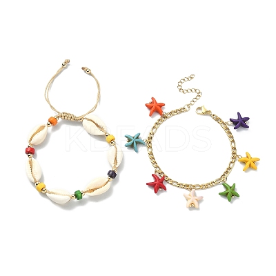 2Pcs 2 Style Synthetic Turquoise Starfish Charm Bracelets Set BJEW-TA00354-1