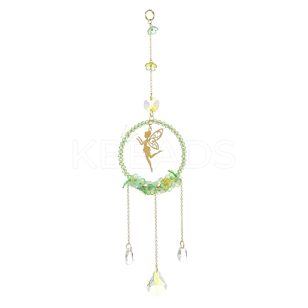 Teardrop Flower Glass & Acrylic Beads Suncatcher with 201 Stainless Steel Fairy Pendants HJEW-JM04988-01-1