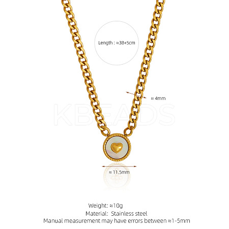 304 Stainless Steel & Natural White Shell Coin Pendant Curb Chain Necklaces for Women WG4C473-03-1
