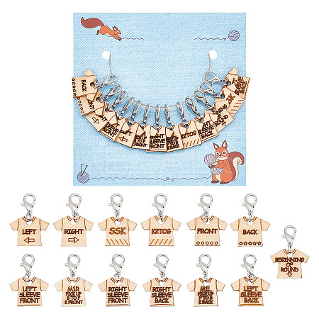 13Pcs 13 Style T-shirt Direction Guide Wood Pendant Locking Stitch Markers HJEW-AB00648-1