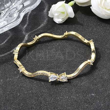 Brass Micro Pave Clear Cubic Zirconia Cuff Bangles for Women BJEW-H639-02G-1