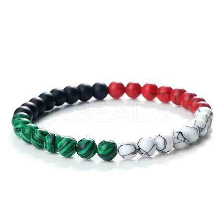 Synthetic Dyed Turquoise & Howlite & Malachite & Natural Black Obsidian Round Beaded Bracelets for Women PG1321-2-1