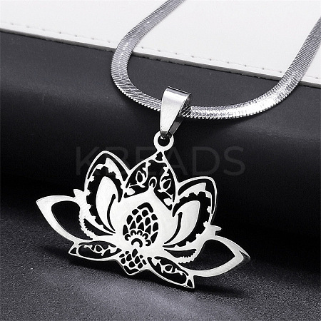 201 Stainless Steel Chakra Lotus Flower Hollow Pendant Necklaces NJEW-K283-29P-1