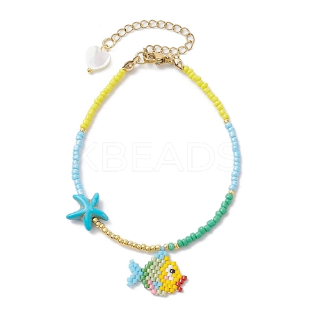 Glass Seed Fish Charm Bracelet with Synthetic Turquoise Starfish BJEW-MZ00045-1